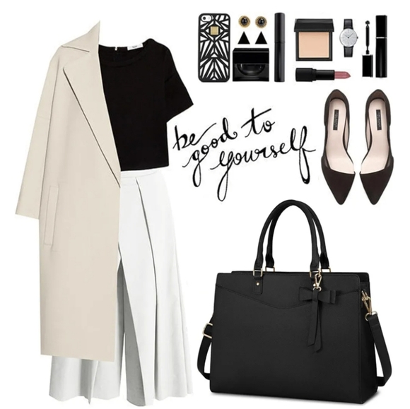 Laptop Bag for Women 15.6 Inch Tote Business Work Bag Leather Waterproof - Black - Picture 5 of 14